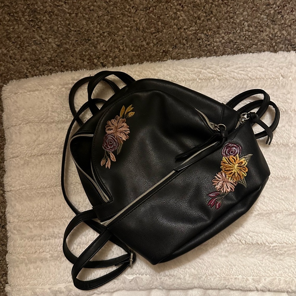 Floral Embroidered Black Backpack vegan leather, very small